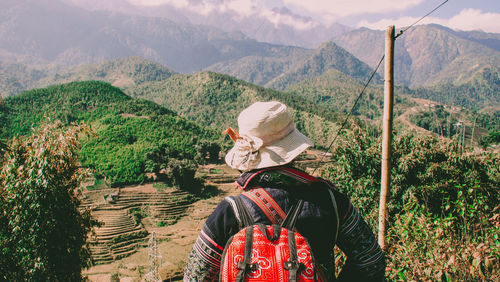 Rear view of people looking at mountains