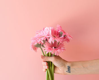 Close-up of hand holding pink flower