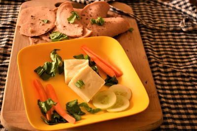 High angle view of meal served on table