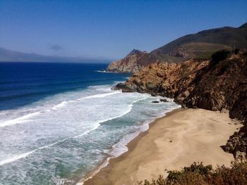 Scenic view of beach against clear blue sky