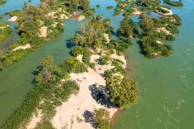 Aerial views of the mekong river with many sand bars and islands, cambodia