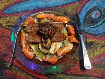 High angle view of meal served on table