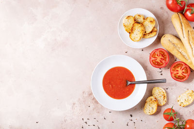 High angle view of breakfast served on table