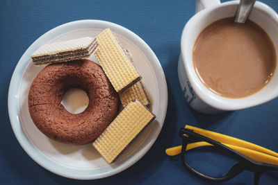 High angle view of breakfast on table