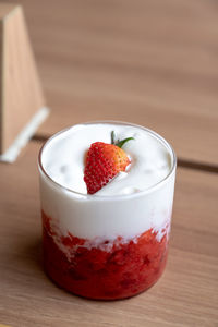 Close-up of dessert in glass on table