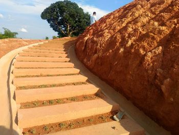 Staircase by trees against sky