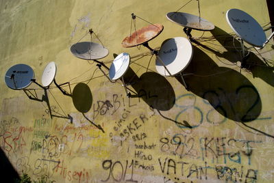 Low angle view of satellite dishes on wall