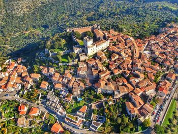 High angle view of townscape and tree in village