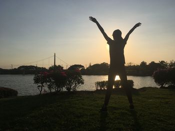 Rear view of silhouette person standing by plants at sunset