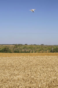 Airplane flying over field against sky