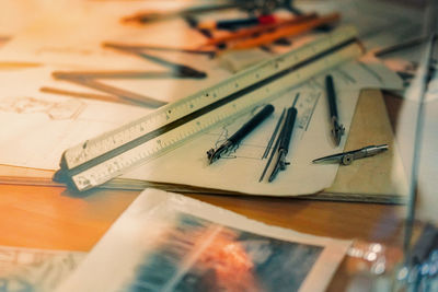 Close-up of school supplies on table