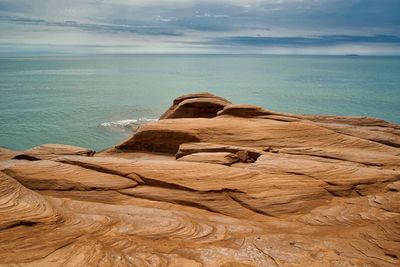 Rock formations in sea against sky