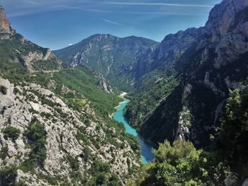 High angle view of river amidst mountains against sky