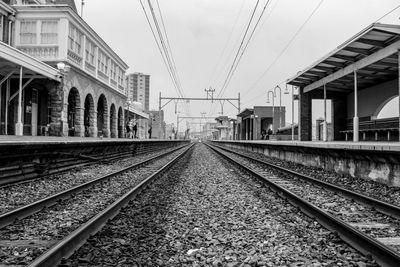 Railroad tracks along buildings