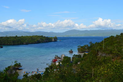 Scenic view of bay against sky