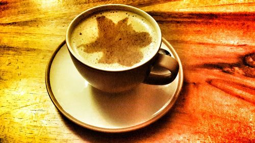 Directly above shot of coffee cup on table
