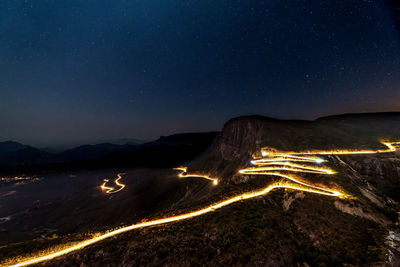 Scenic view of mountains against sky at night