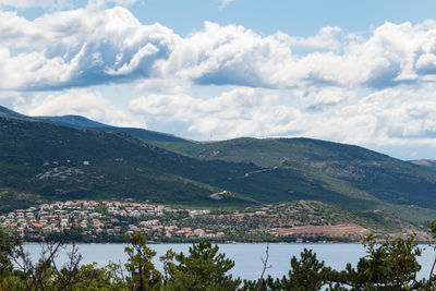 Scenic view of lake and mountains against sky