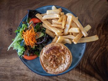 High angle view of food in plate on table