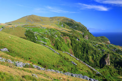 Scenic view of green landscape by sea against sky