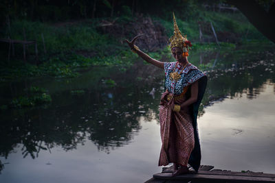 Thai ghost in traditional costume that appear in history, portrait of asian woman make up ghost face