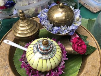 High angle view of various food on table