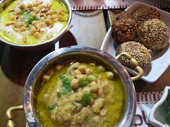 High angle view of soup in bowl on table