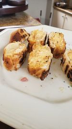 High angle view of bread in plate on table