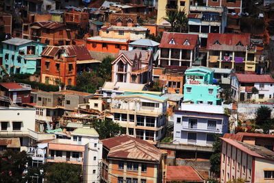 High angle view of buildings in city