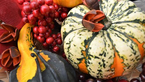 High angle view of pumpkins