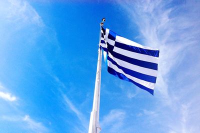 Low angle view of american flag against blue sky