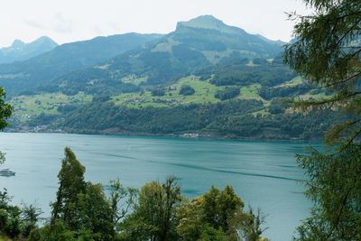 Scenic view of lake and mountains against sky