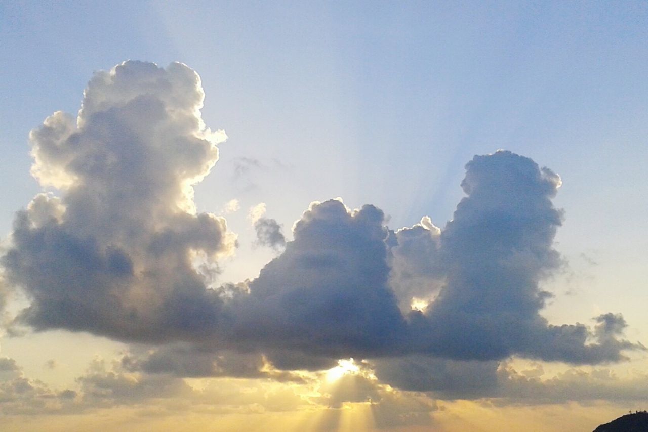 sky, low angle view, beauty in nature, scenics, tranquility, cloud - sky, tranquil scene, nature, sky only, blue, idyllic, cloudscape, majestic, cloud, cloudy, outdoors, weather, no people, silhouette, sunlight