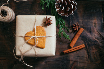 High angle view of christmas decoration on table