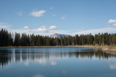 Scenic view of lake by trees against sky