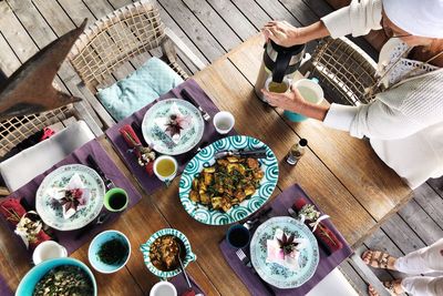 High angle view of breakfast on table