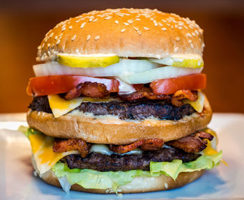 Close-up of hamburger on table