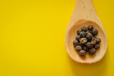 Directly above shot of bread on table against yellow background