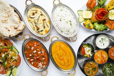 High angle view of food served on table