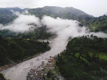 High angle view of waterfall against sky