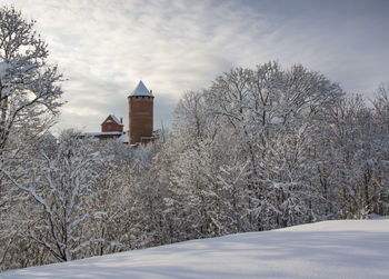 Tranquil winter scene with bare trees against old castle 