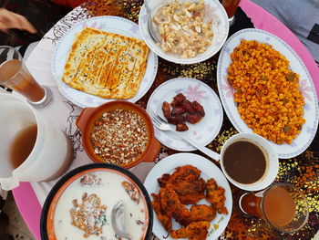 High angle view of meal served on table