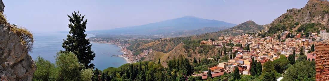 Panoramic view of trees and mountains against clear sky