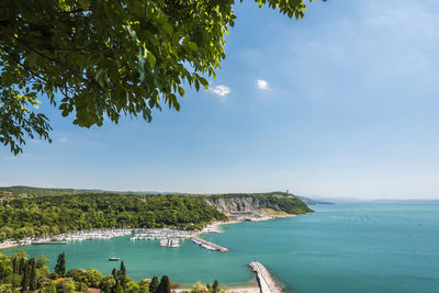 Gulf of trieste. high cliffs between boats, karst rocks and ancient castles. duino. italy