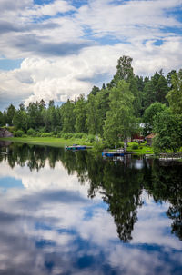 Scenic view of calm lake against cloudy sky