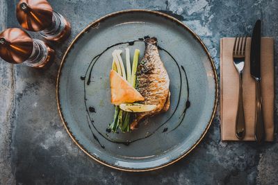High angle view of bread in plate on table