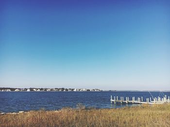 Scenic view of sea against clear blue sky