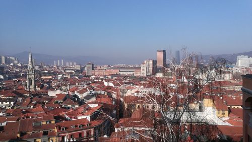 High angle view of cityscape against clear sky