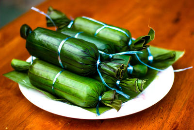 High angle view of vegetables in plate on table