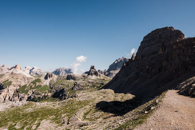 Panoramic view of rocky mountains against clear sky